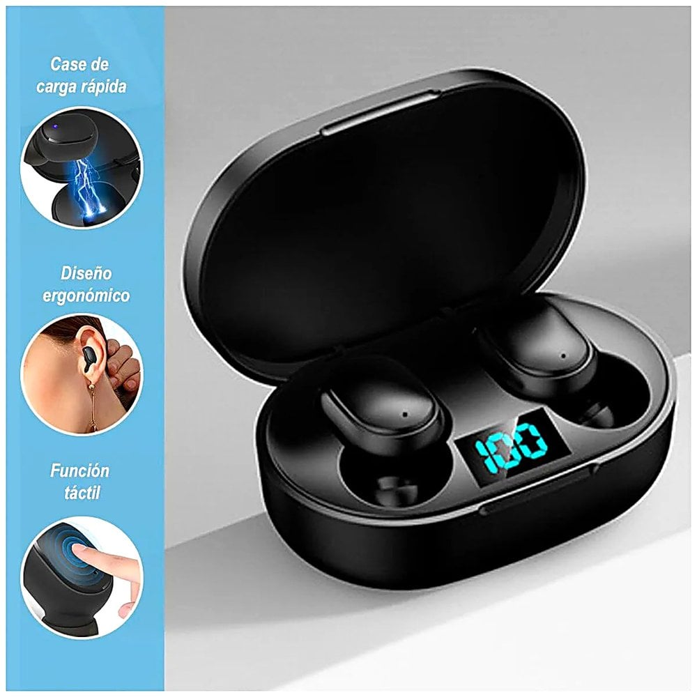 AUDÍFONOS BLUETOOTH TWS E6S NEGRO ESTUCHE CARGA PANTALLA LED DIGITAL INALÁMBRICOS - 3