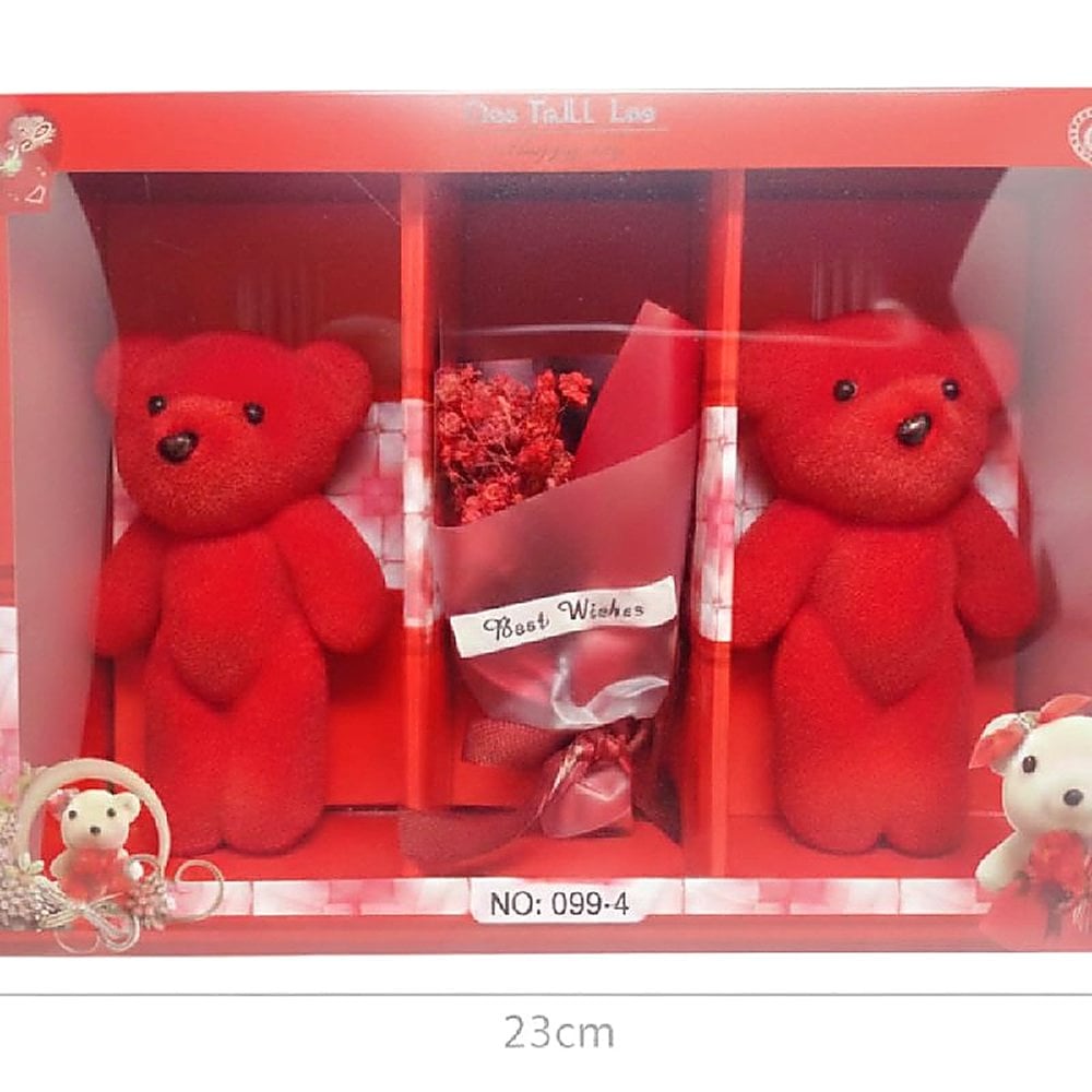 CAJA REGALO ROMÁNTICA BEST WISHES CON 2 PELUCHES ROJOS Y RAMO DE FLORES - 1