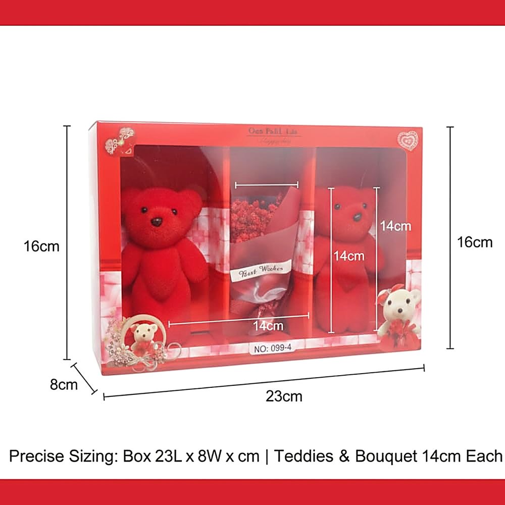 CAJA REGALO ROMÁNTICA BEST WISHES CON 2 PELUCHES ROJOS Y RAMO DE FLORES - 2