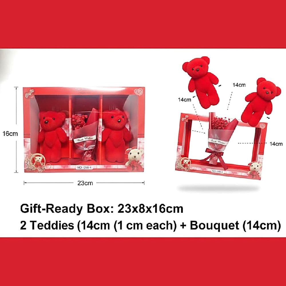 CAJA REGALO ROMÁNTICA BEST WISHES CON 2 PELUCHES ROJOS Y RAMO DE FLORES - 4