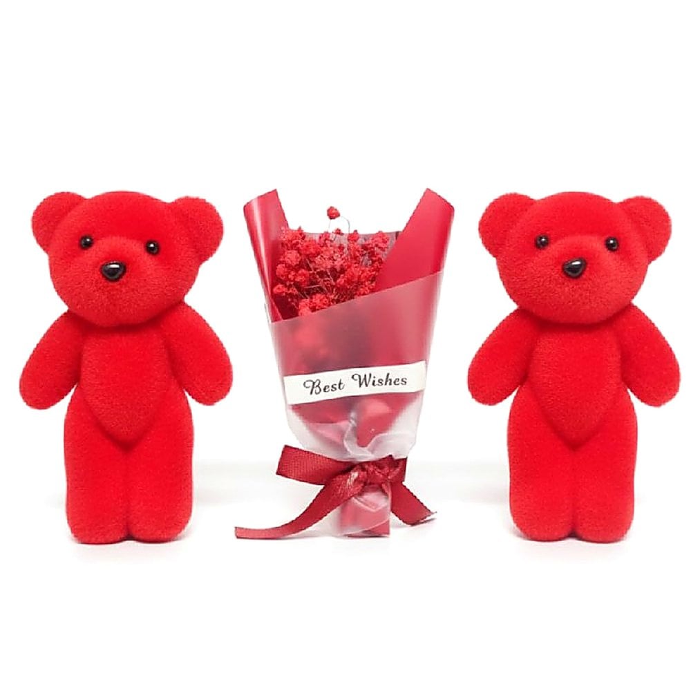 CAJA REGALO ROMÁNTICA BEST WISHES CON 2 PELUCHES ROJOS Y RAMO DE FLORES - 5