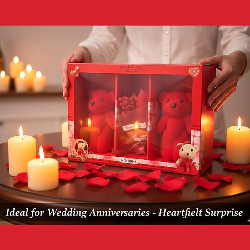 CAJA REGALO ROMÁNTICA BEST WISHES CON 2 PELUCHES ROJOS Y RAMO DE FLORES - 6