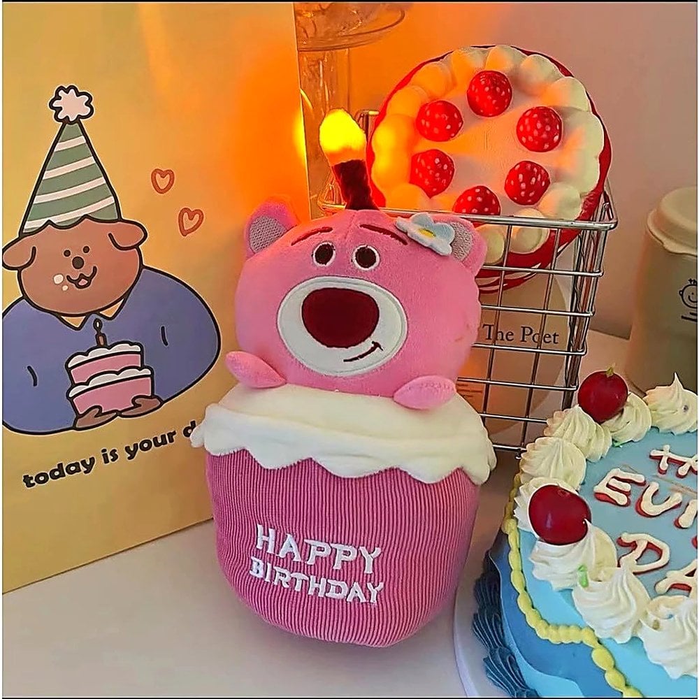 PELUCHE OSITO ROSA FORMA CUPCAKE CON VELA LUMINOSA Y TEXTO HAPPY BIRTHDAY BORDADO - 1