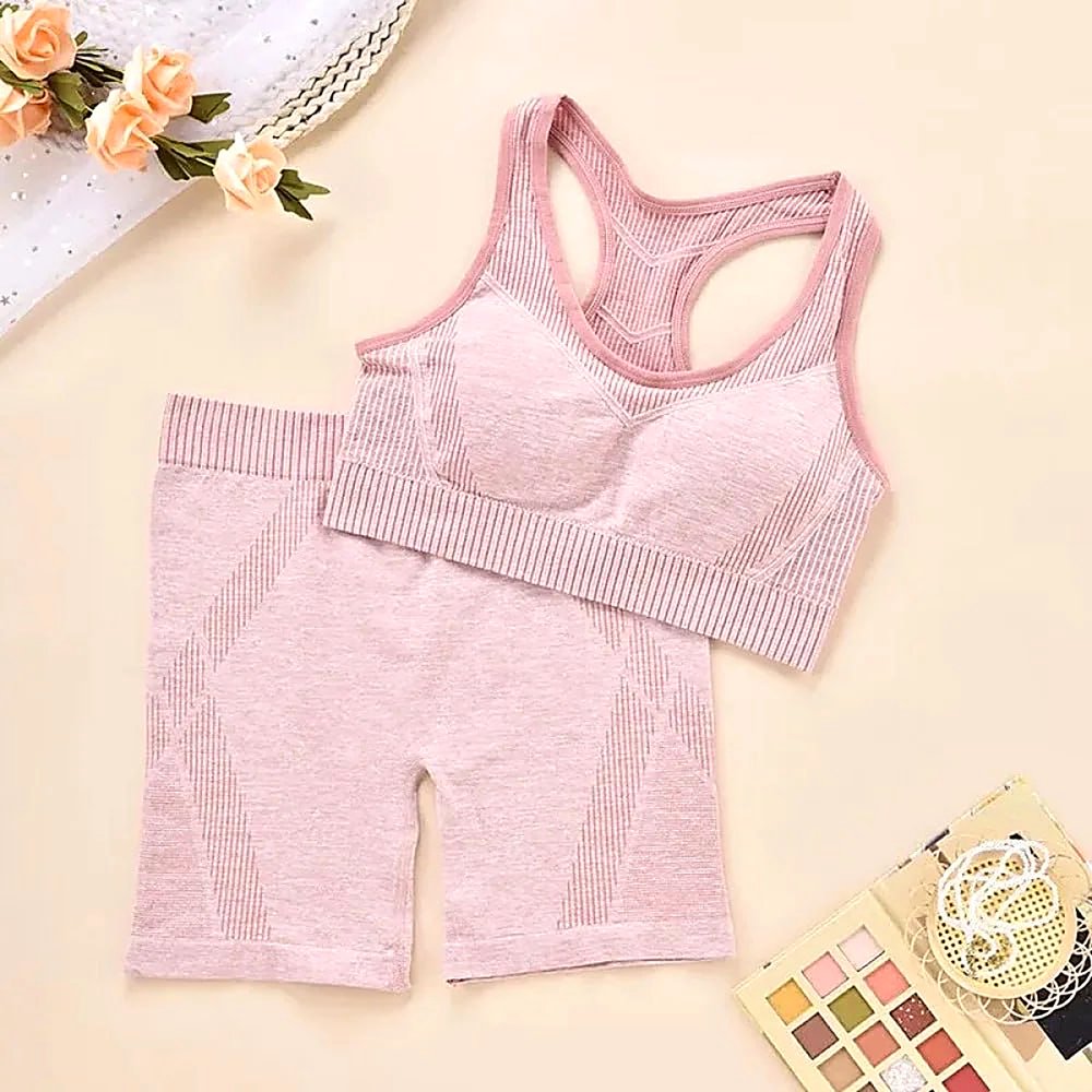 SET DEPORTIVO MUJER TOP ESPALDA ABIERTA Y SHORTS ROSA ELÁSTICO - 1