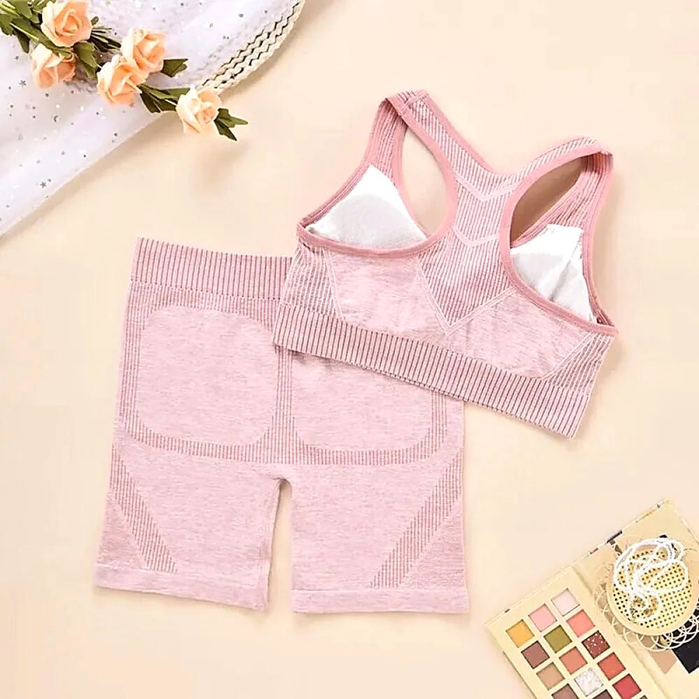 SET DEPORTIVO MUJER TOP ESPALDA ABIERTA Y SHORTS ROSA ELÁSTICO - 2