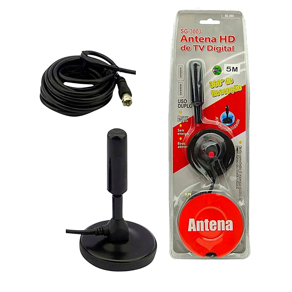 ANTENA HD TV DIGITAL SG-3003 CON CABLE 5M Y BASE MAGNETICA NEGRA - 1