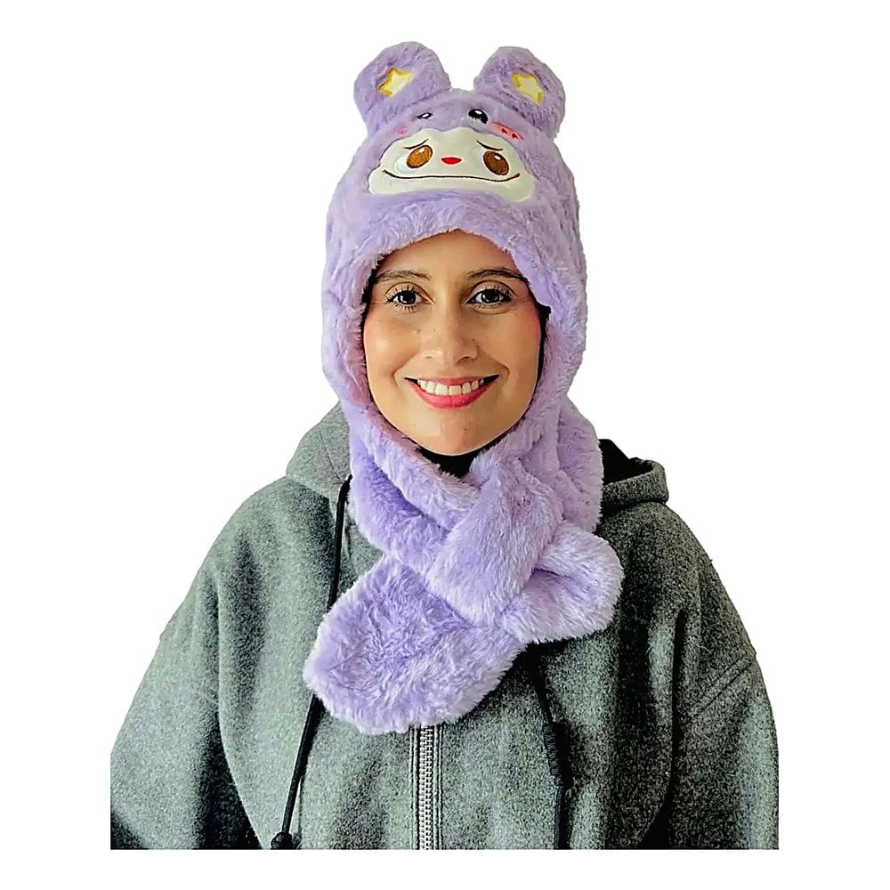 GORRO Y BUFANDA DE PELUCHE LILA CON DISEÑO DE CONEJO, SET DE ACCESORIO DE INVIERNO SUAVE - 1