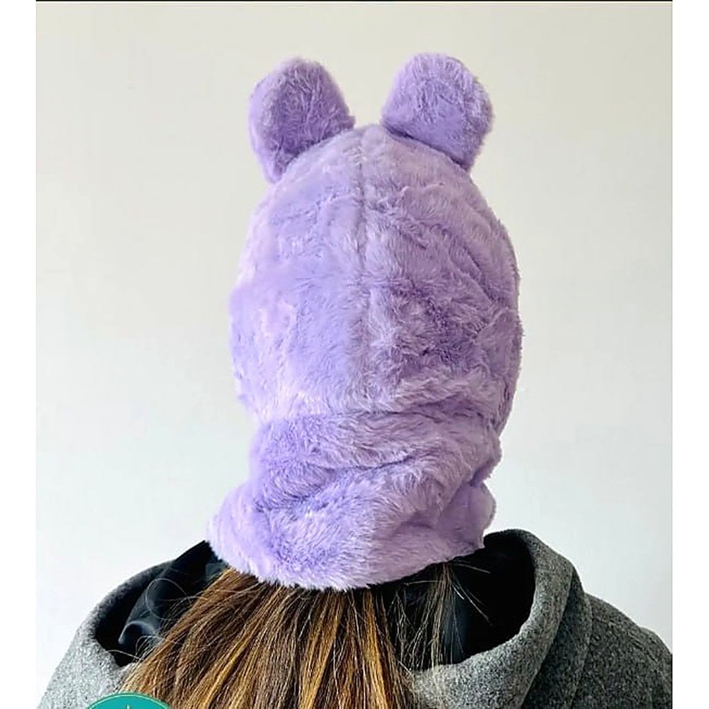 GORRO Y BUFANDA DE PELUCHE LILA CON DISEÑO DE CONEJO, SET DE ACCESORIO DE INVIERNO SUAVE - 3