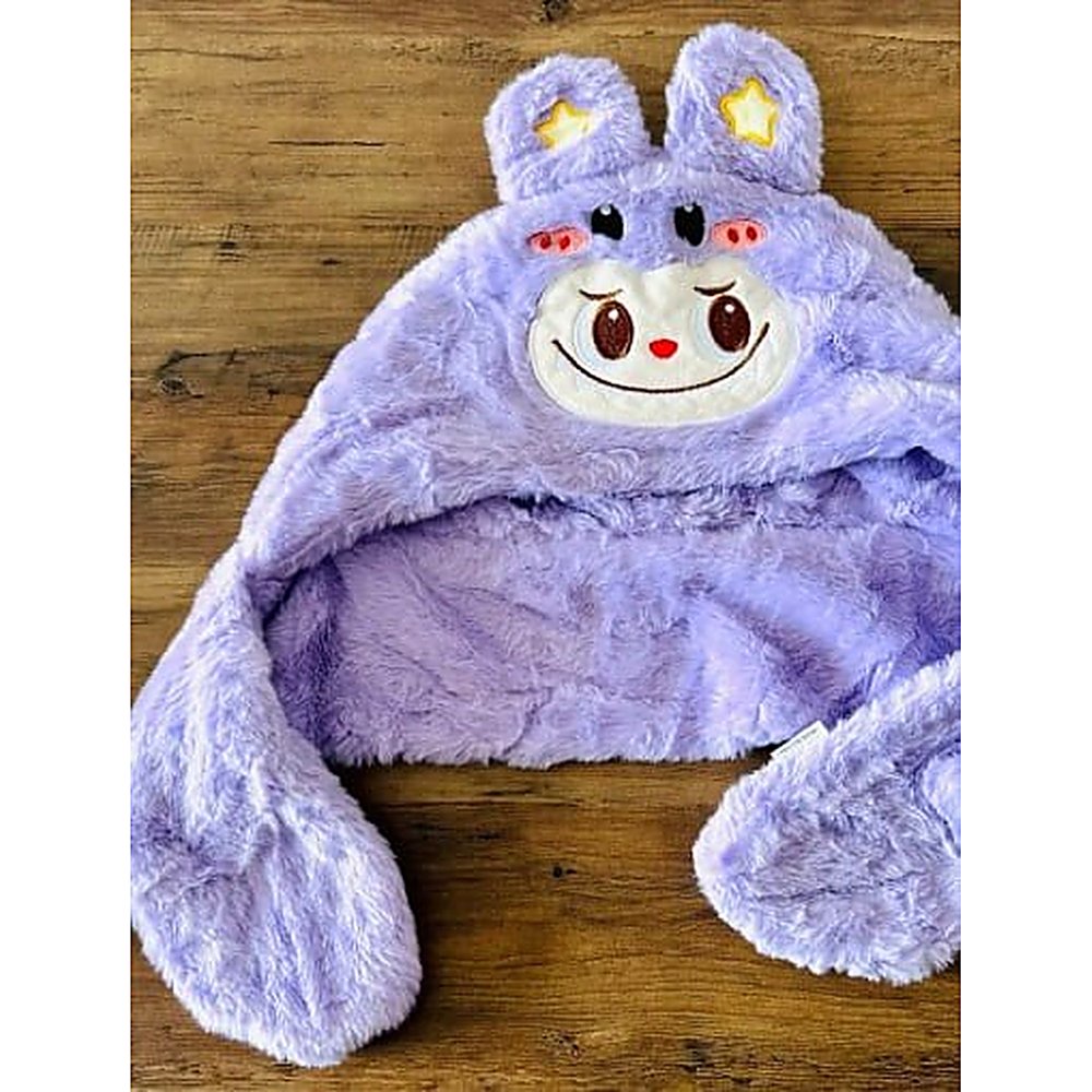 GORRO Y BUFANDA DE PELUCHE LILA CON DISEÑO DE CONEJO, SET DE ACCESORIO DE INVIERNO SUAVE - 4