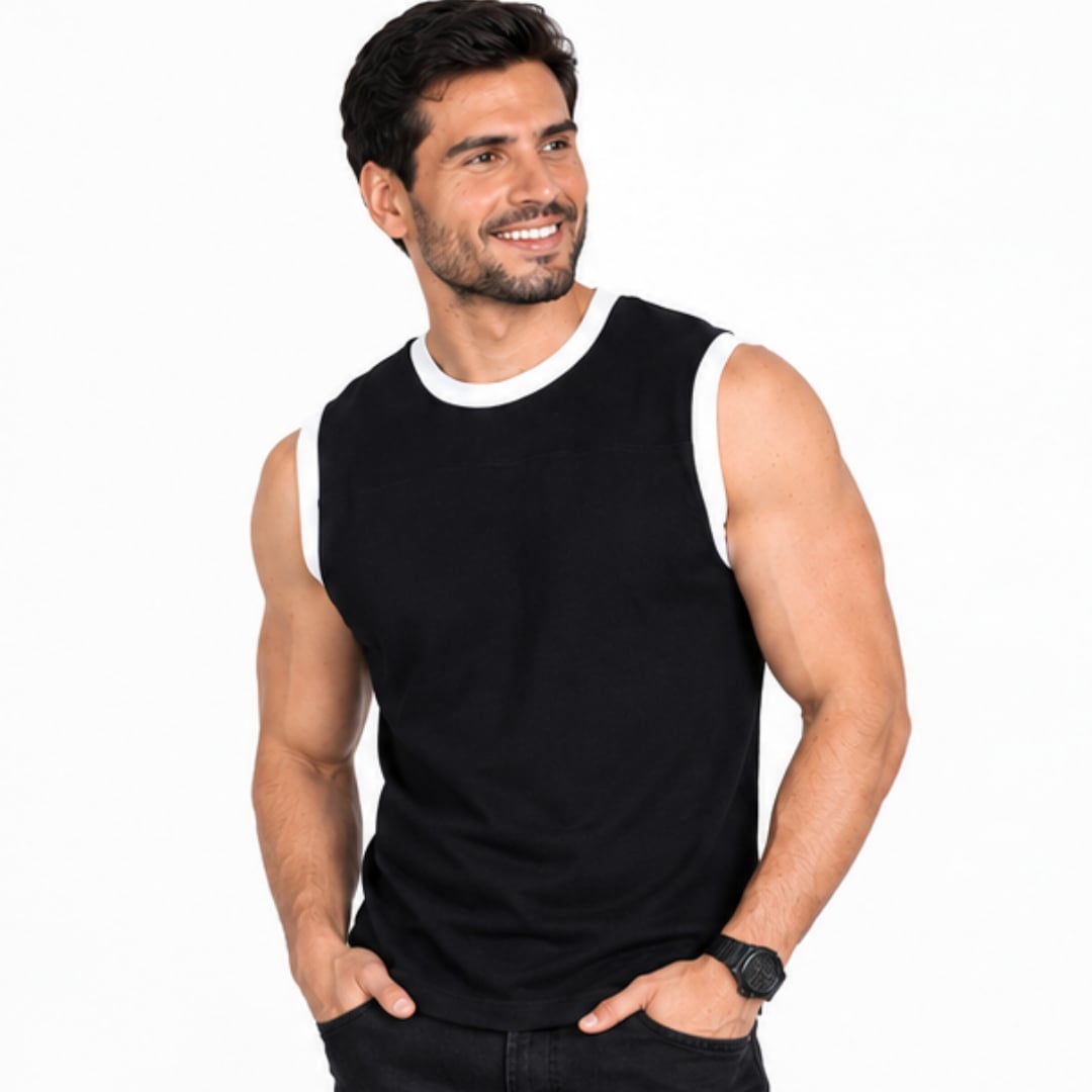 POLO HOMBRE MANGA CERO NEGRO RIB BLANCO - ALGODON PERUANO - 3