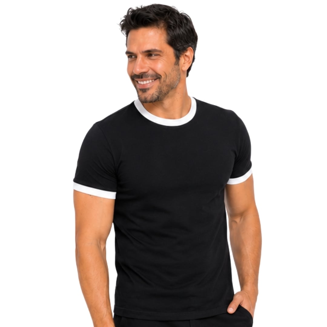 POLO HOMBRE MANGA CORTA ALGODON PERUANO - NEGRO Y RIB BLANCO CUELLO Y MANGAS - 1
