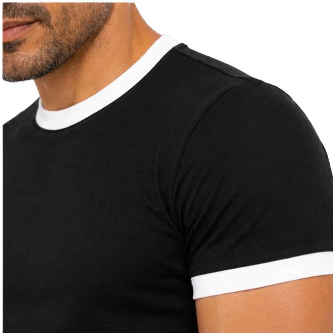 POLO HOMBRE MANGA CORTA ALGODON PERUANO - NEGRO Y RIB BLANCO CUELLO Y MANGAS - 2