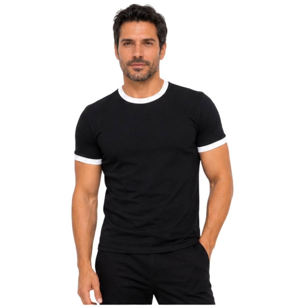 POLO HOMBRE MANGA CORTA ALGODON PERUANO - NEGRO Y RIB BLANCO CUELLO Y MANGAS - 3