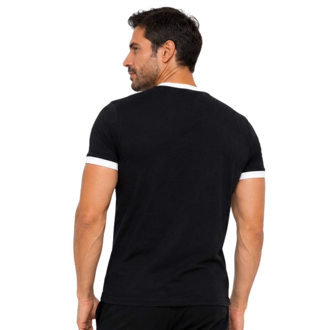 POLO HOMBRE MANGA CORTA ALGODON PERUANO - NEGRO Y RIB BLANCO CUELLO Y MANGAS - 4