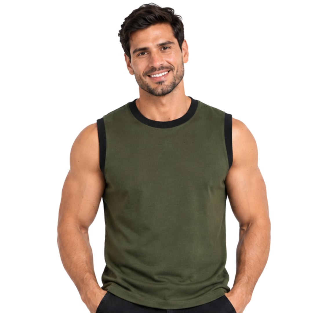 POLO HOMBRE MANGA CERO VERDE MILITAR CON RIB NEGRO - 1