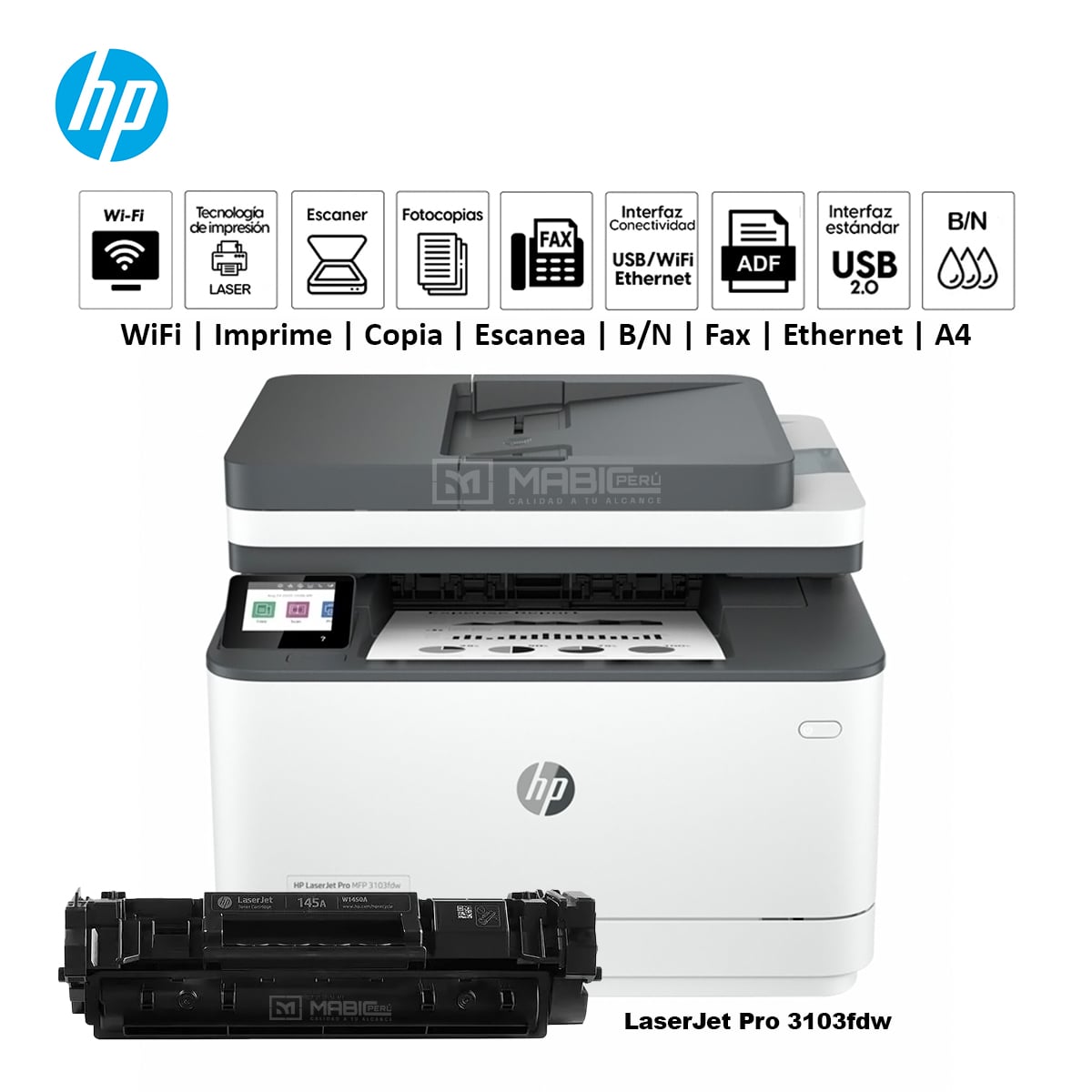 IMPRESORA MULTIFUNCIONAL HP LASERJET PRO 3103FDW DUPLEX WIFI ETHER. ADF FAX - 1