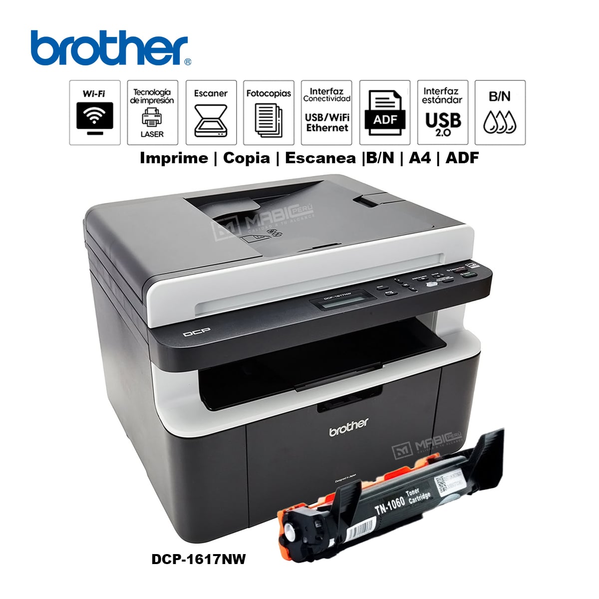IMPRESORA MULTIFUNCIONAL LÁSER B/N BROTHER DCP-1617NW WIFI RED ADF USB - 1