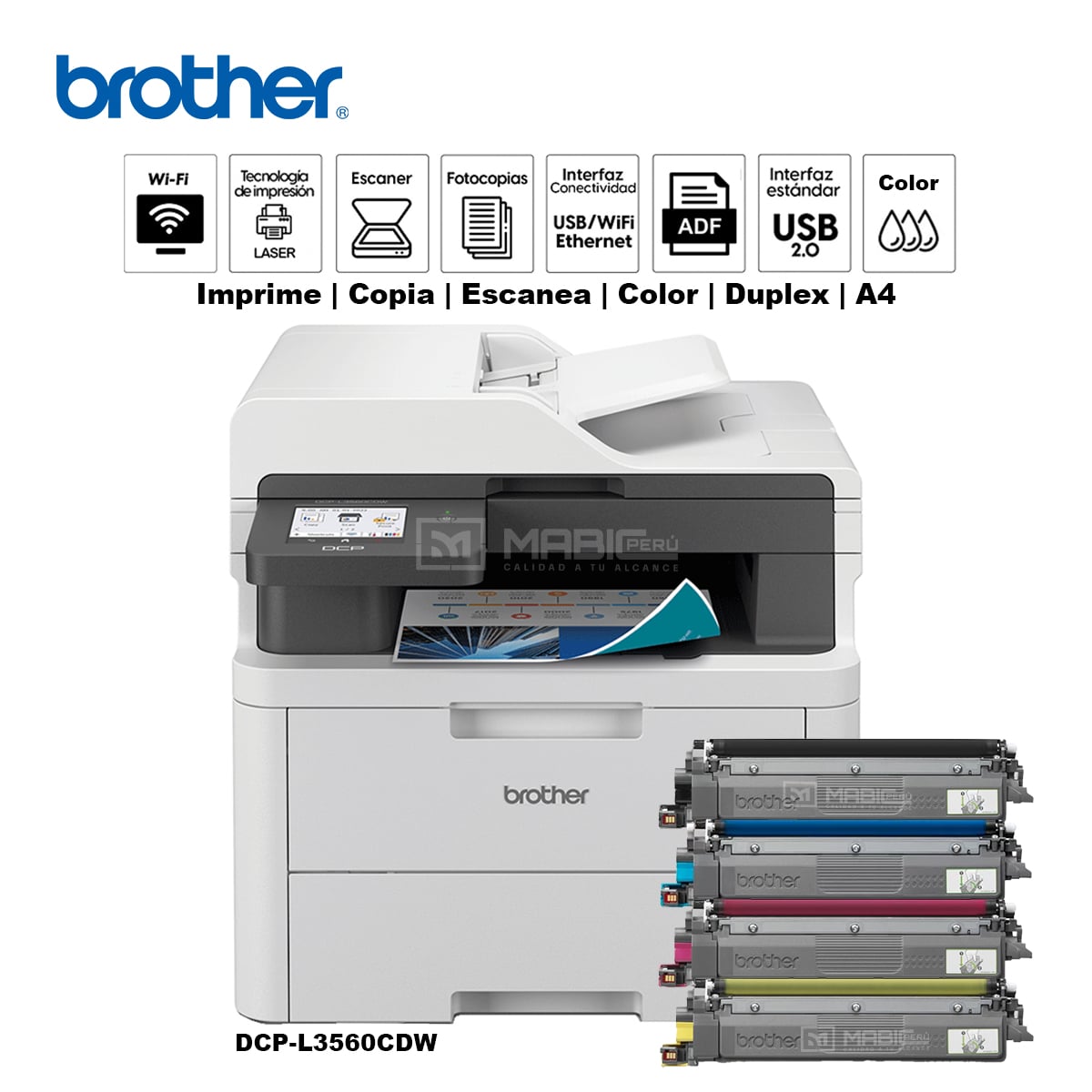 IMPRESORA MULTIFUNCIONAL LÁSER COLOR BROTHER DCP-L3560CDW DUPLEX WIFI RED ADF - 1