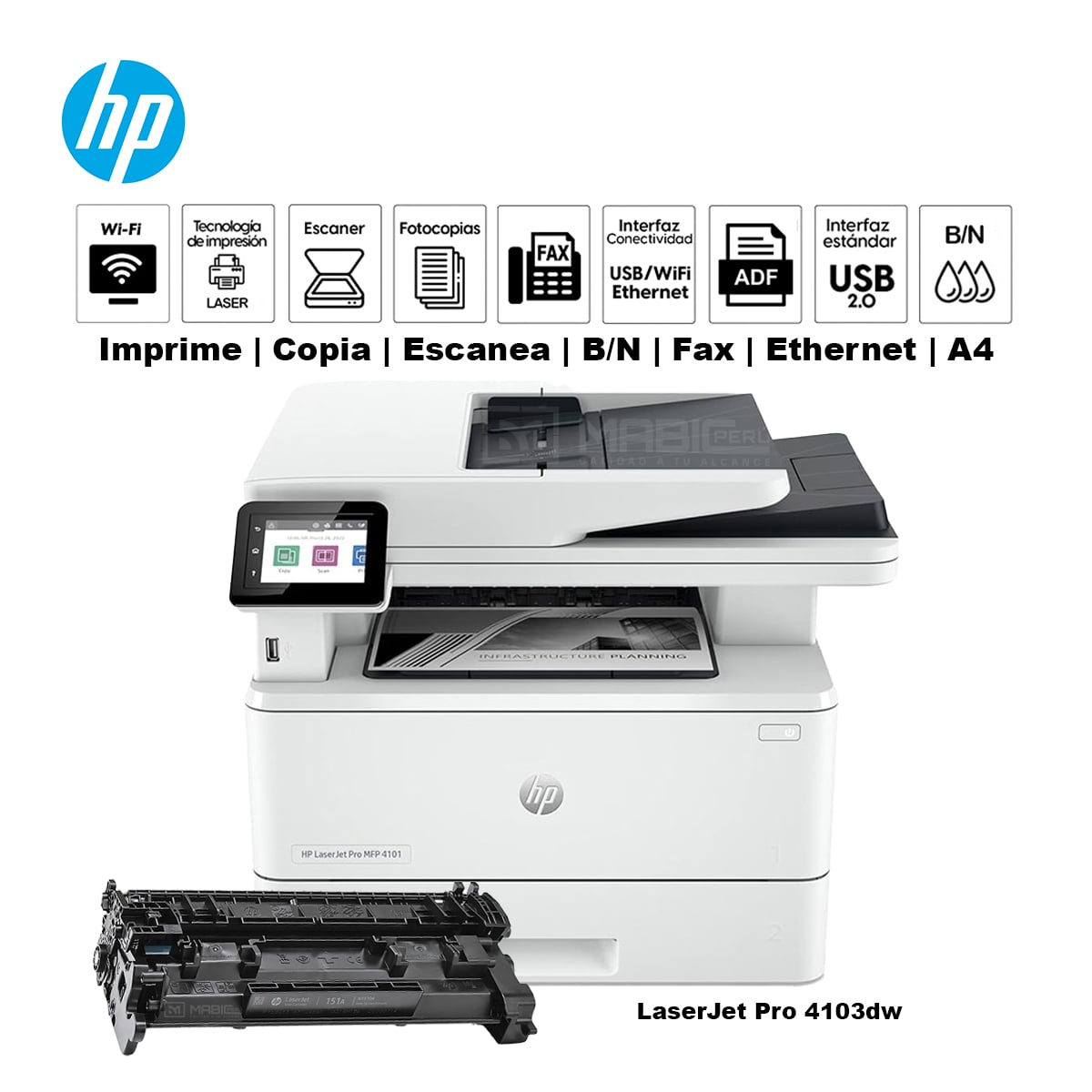 IMPRESORA MULTIFUNCIONAL HP LASERJET PRO 4103FDW DUPLEX WIFI RED ADF FAX - 1