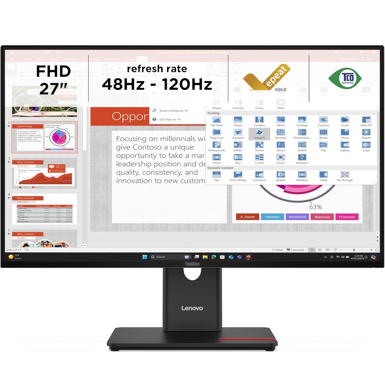 MONITOR LENOVO THINKVISION T27-40, 27' WLED FHD IPS, 120HZ, 4MS, PIVOTE - 1