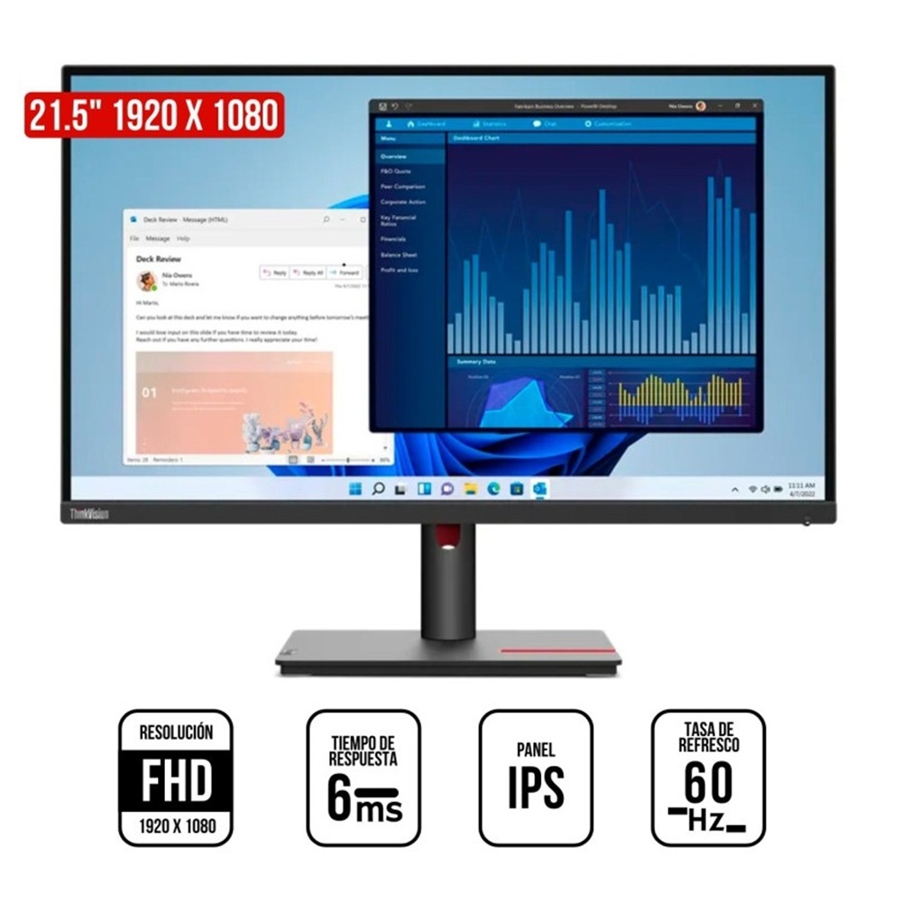 MONITOR LENOVO THINKVISION T22I-30, 22' WLED FHD IPS, 60HZ, 6MS, PIVOTE - 1