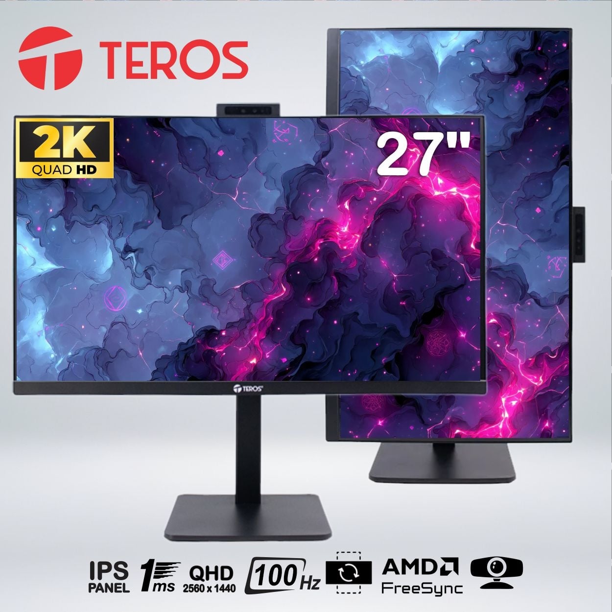 MONITOR TEROS CORPORATIVO TE-2715CS, 27' QHD IPS 2K, 100HZ, 1MS, PIVOTE, CÁMARA WEB, PARLANTE - 1