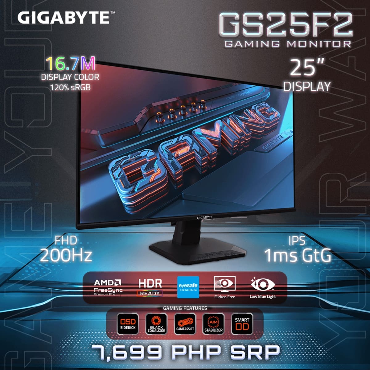 MONITOR GIGABYTE GS25F2, 25' FHD IPS, 200HZ, 1MS, PARLANTE - 5
