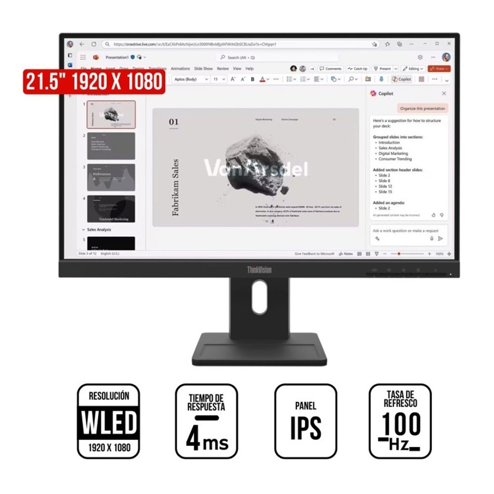 MONITOR LENOVO THINKVISION E22-40, 22' WLED IPS, 100HZ, 4MS, PIVOTE, PARLANTE - 1