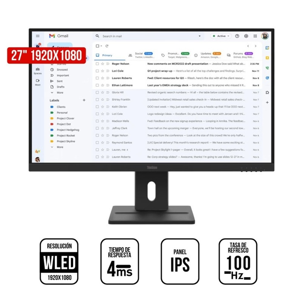 MONITOR LENOVO THINKVISION E27-40, 27' WLED IPS, 100HZ, 4MS, PARLANTE - 1