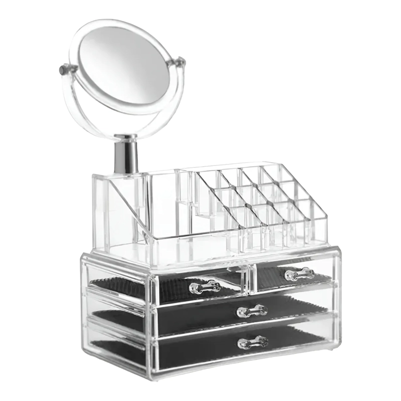 ORGANIZADOR DE MAQUILLAJE COSMÉTICOS JOYAS DE ACRÍLICO + ESPEJO - 1