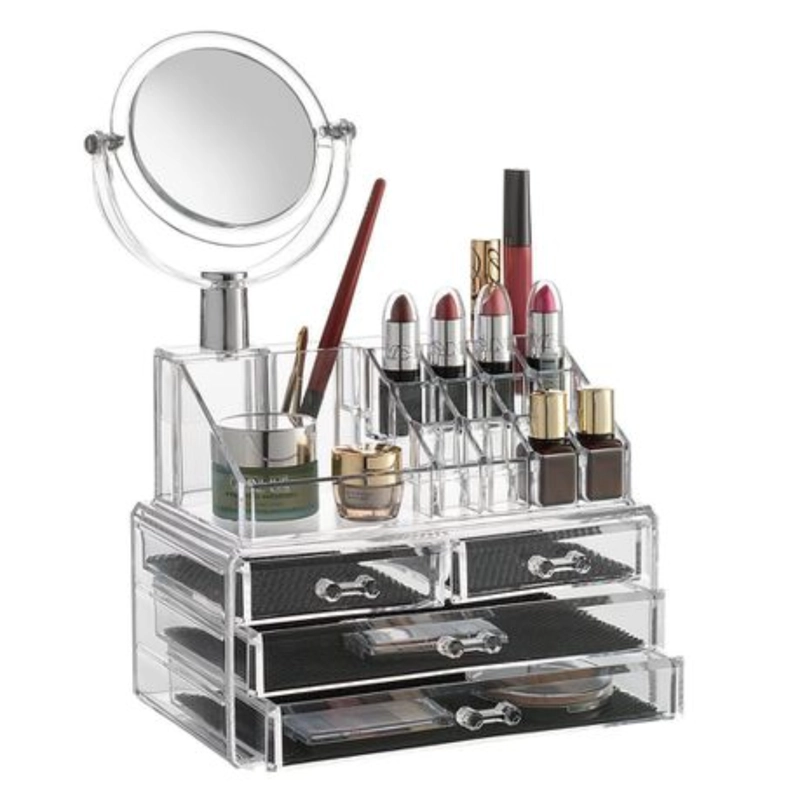 ORGANIZADOR DE MAQUILLAJE COSMÉTICOS JOYAS DE ACRÍLICO + ESPEJO - 3