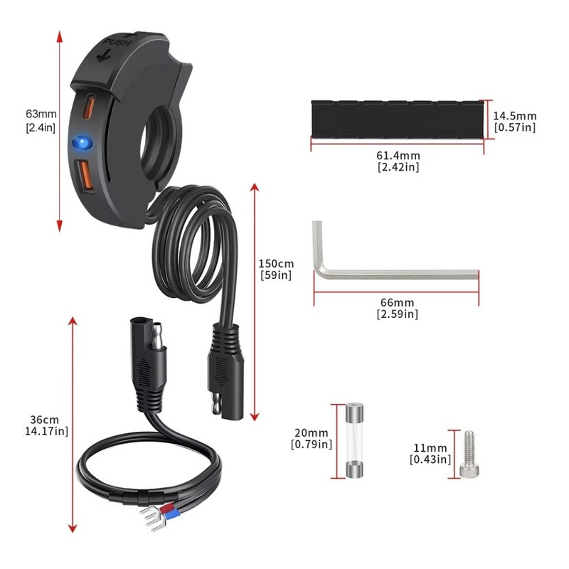 CARGADOR PARA MOTO TIPO C Y USB QC - 12V 48W PD - ACOPLABLE DE TIMON - 4
