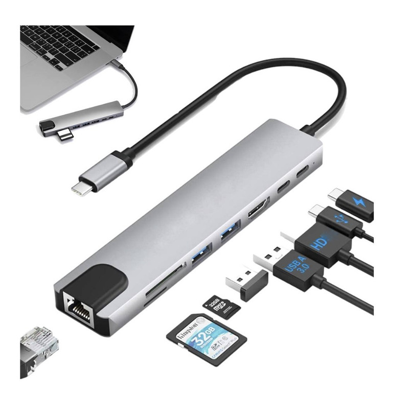 ADAPTADOR USB TIPO C A 8 EN 1 HDMI 4K THUNDERBOLT 3 PD SD TF RJ45 HUB - 1