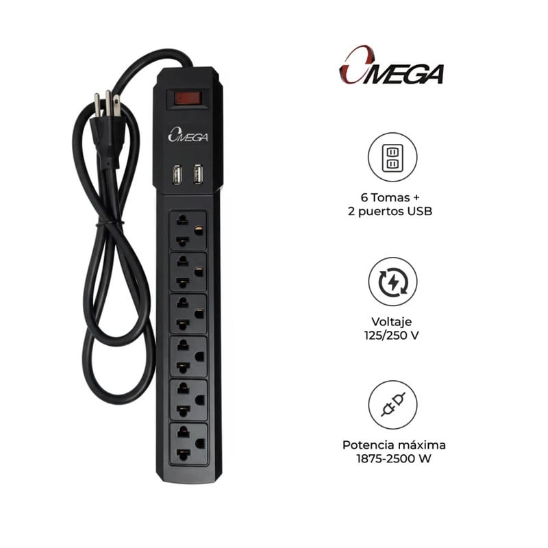 SUPRESOR PICO OMEGA 491144BK 8 TOMAS INCLUIDO 2 USB CHARG 220V - 2