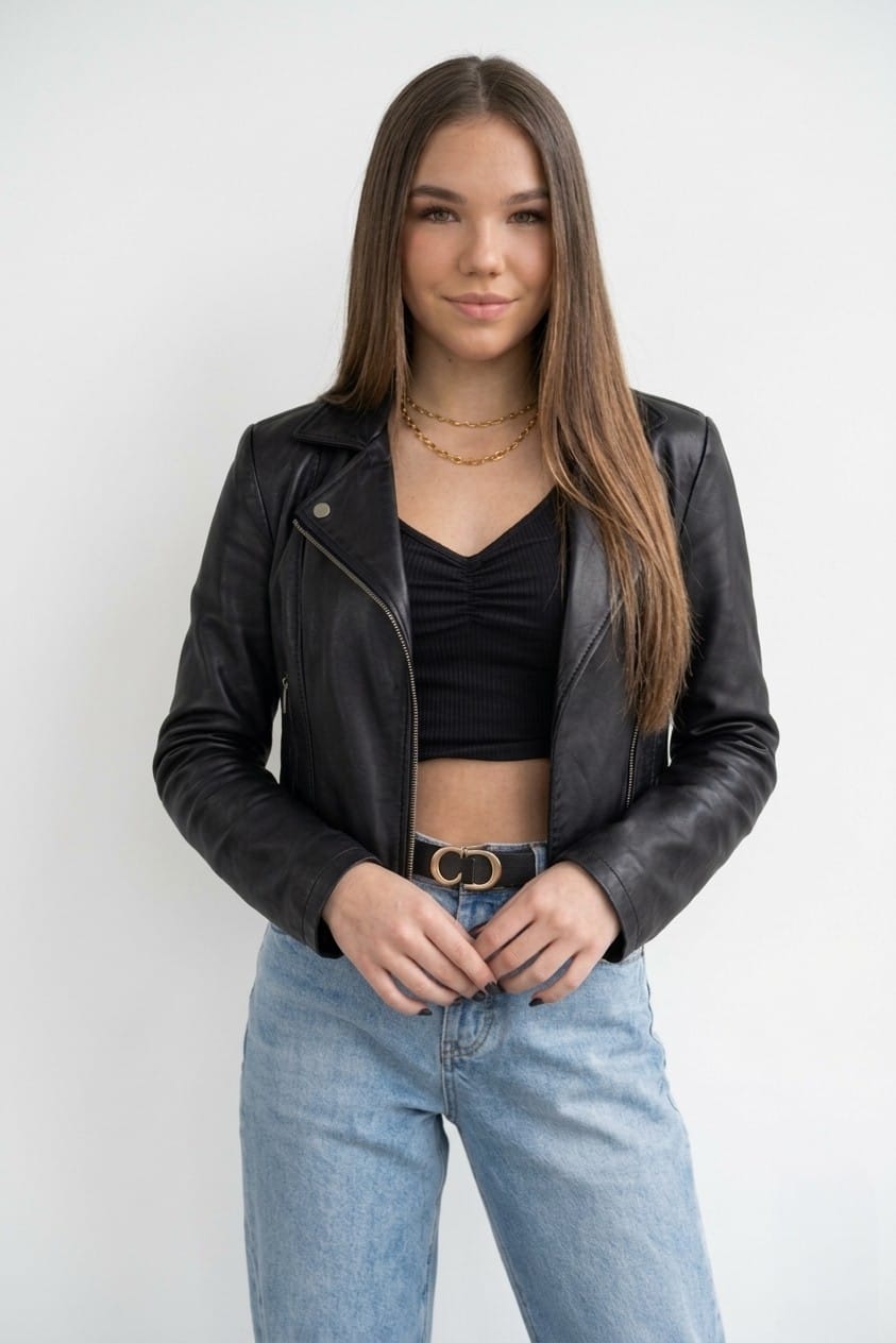 CASACA BIKER CASUAL CUERINA NEGRA DE MUJER - 2