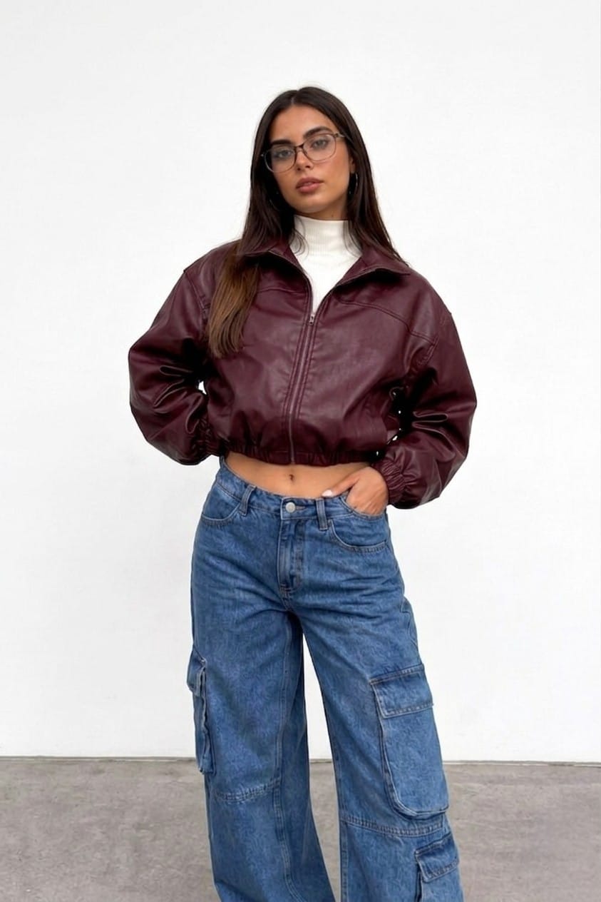 CASACA CROPPED BOMBER BURGUNDY DE MUJER - 1
