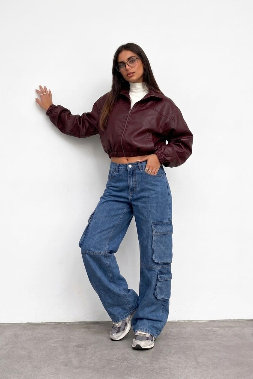 CASACA CROPPED BOMBER BURGUNDY DE MUJER - 2