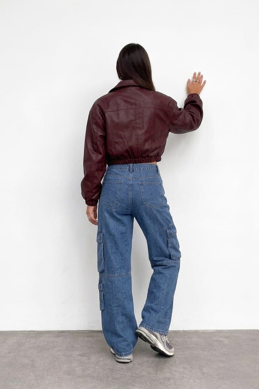 CASACA CROPPED BOMBER BURGUNDY DE MUJER - 3