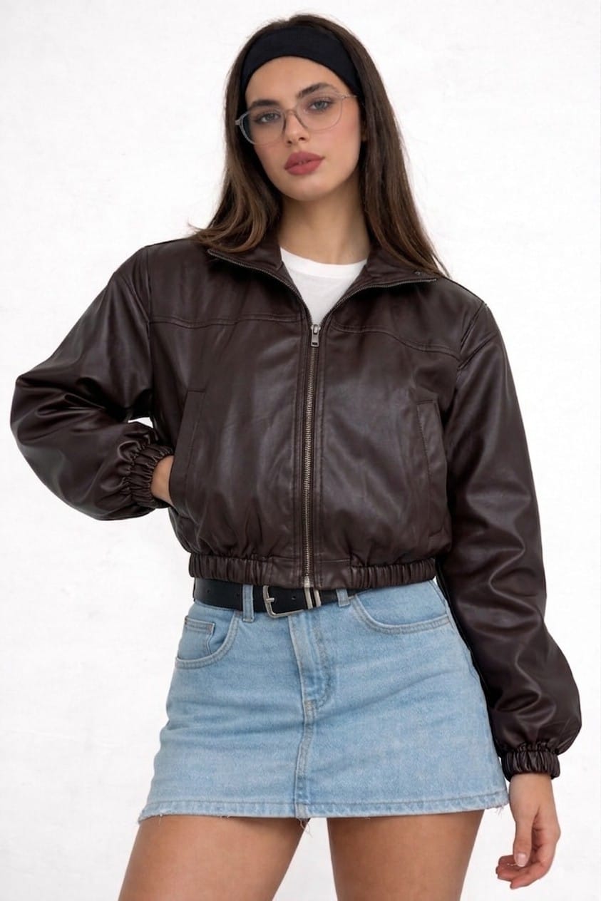 CASACA BOMBER CROPPED MARRON DE MUJER - 1