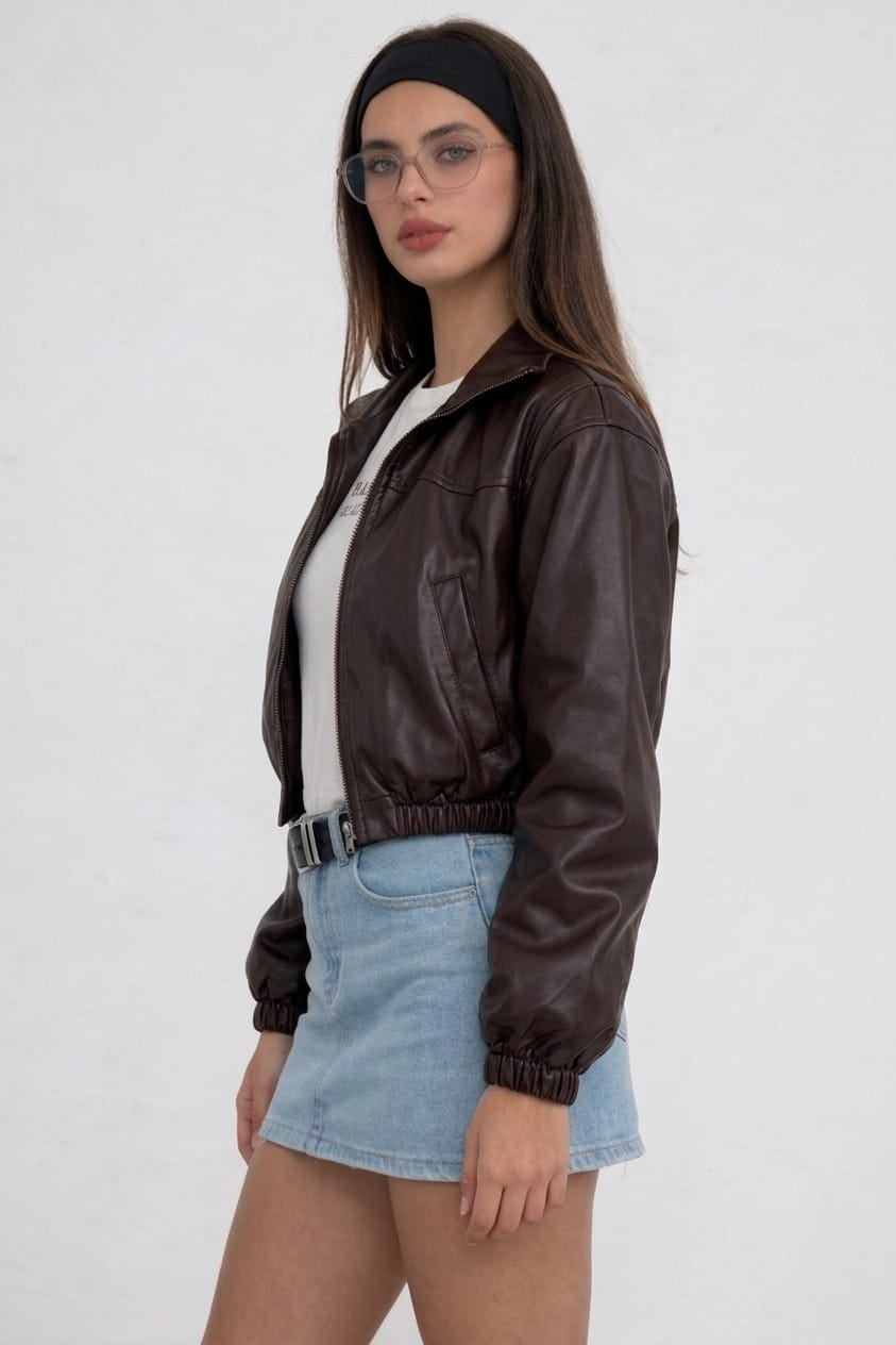 CASACA BOMBER CROPPED MARRON DE MUJER - 2