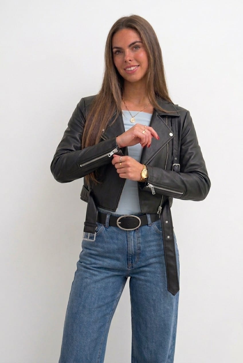 CASACA CON CIERRE CUERINA BIKER DE MUJER - 3