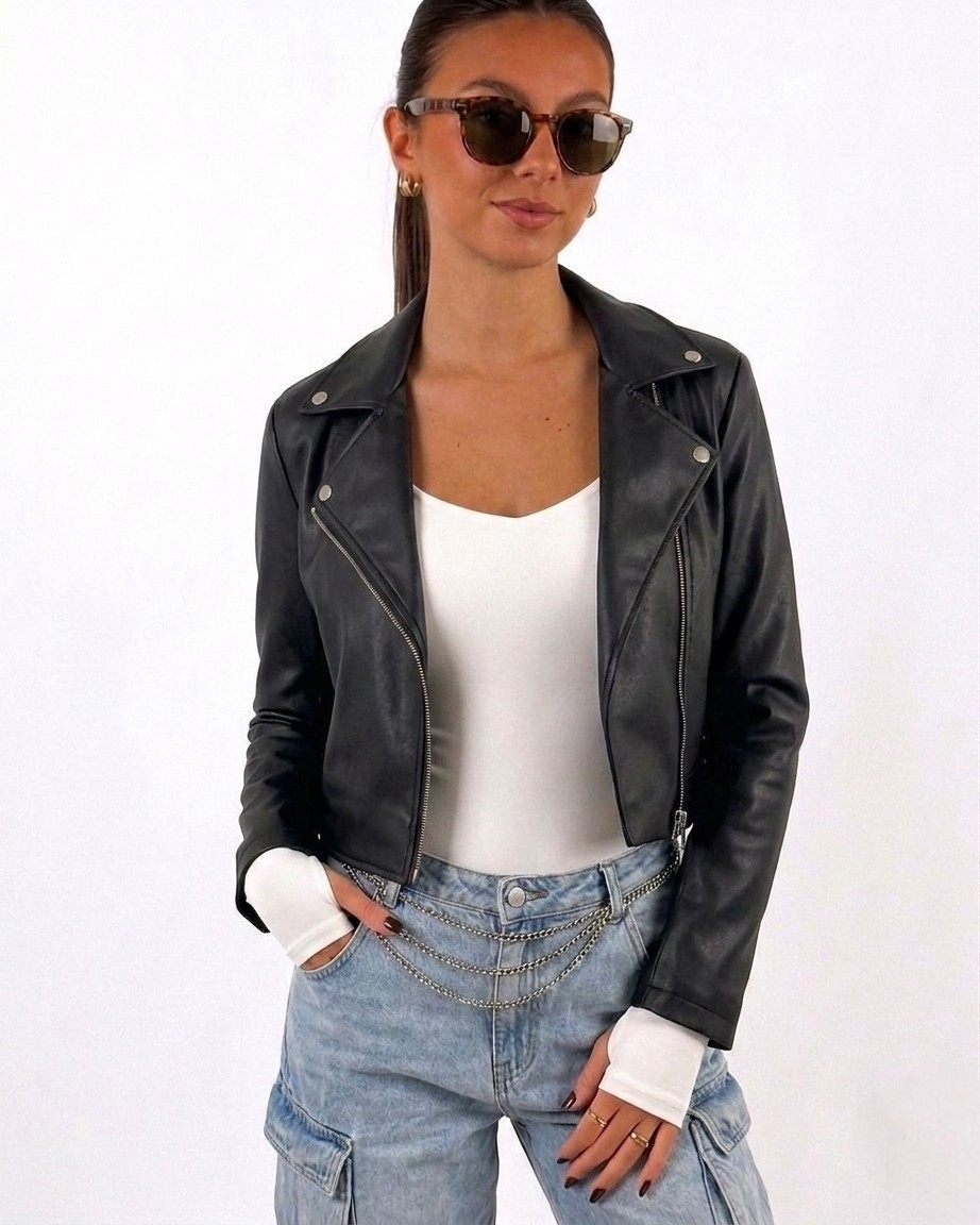 CASACA MODA VIRAL DE MUJER BIKER NEGRA - 1
