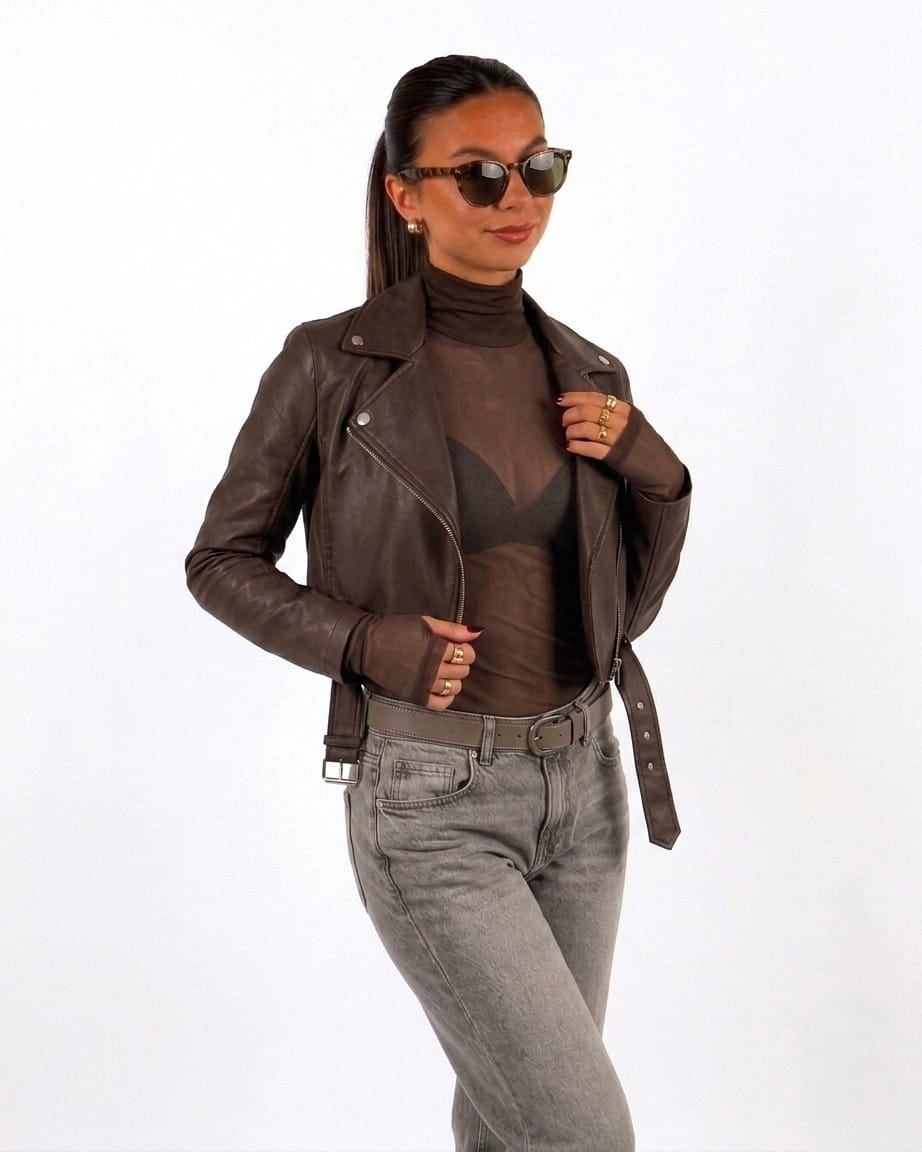 CASACA MARRON BIKER CORREA DE MUJER - 2
