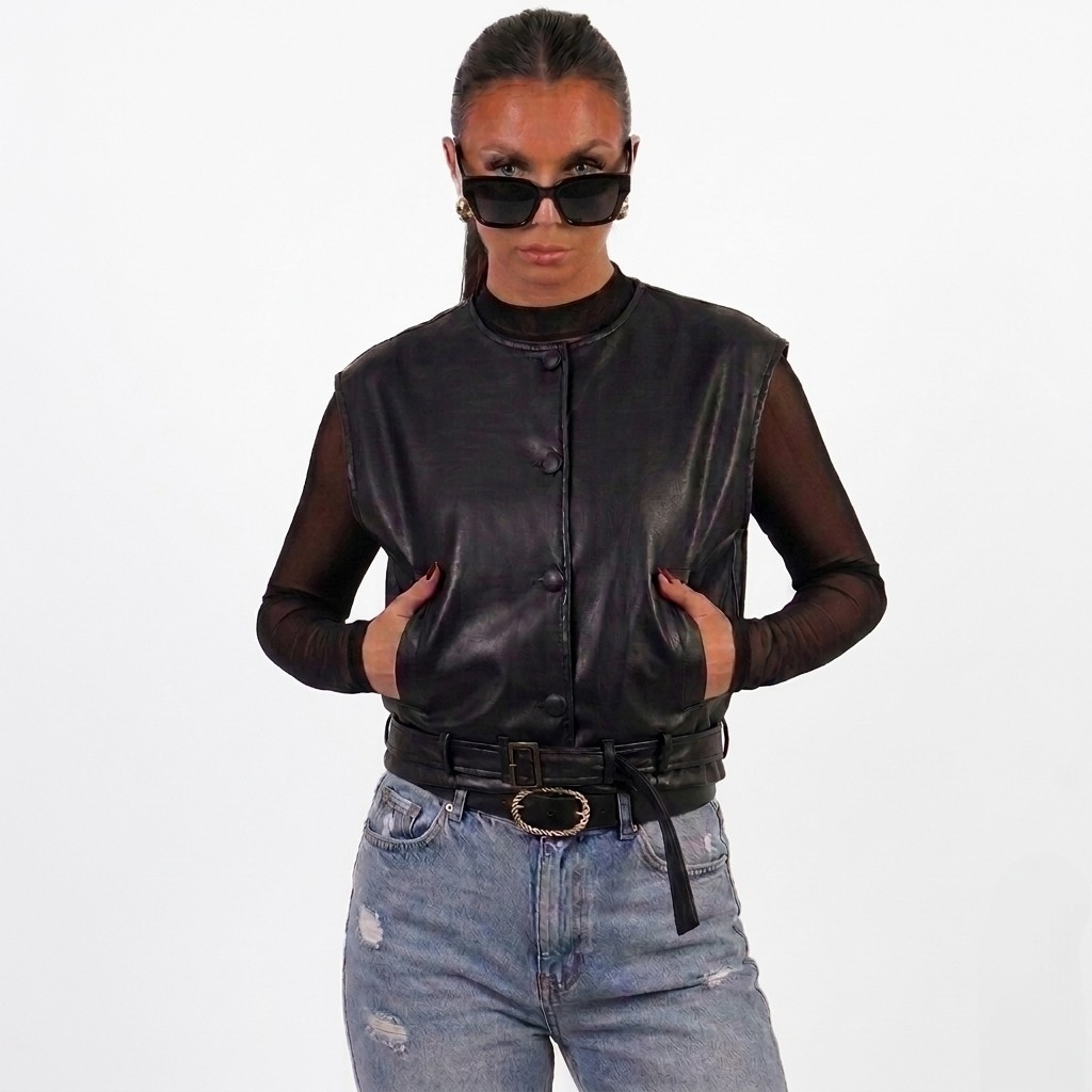 CHALECO TENDENCIA OTOÑO INVIERNO NEGRO CUERINA DE MUJER - 1