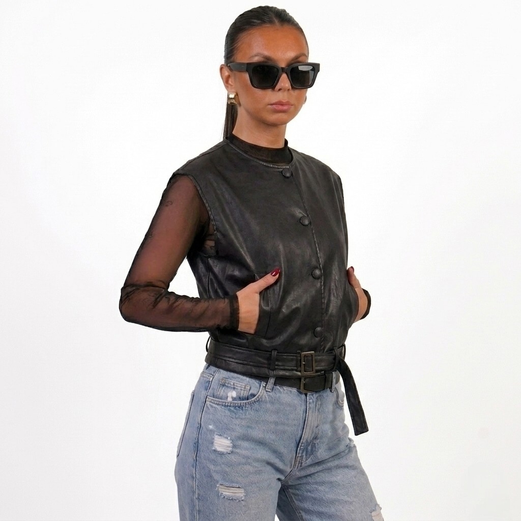 CHALECO TENDENCIA OTOÑO INVIERNO NEGRO CUERINA DE MUJER - 3