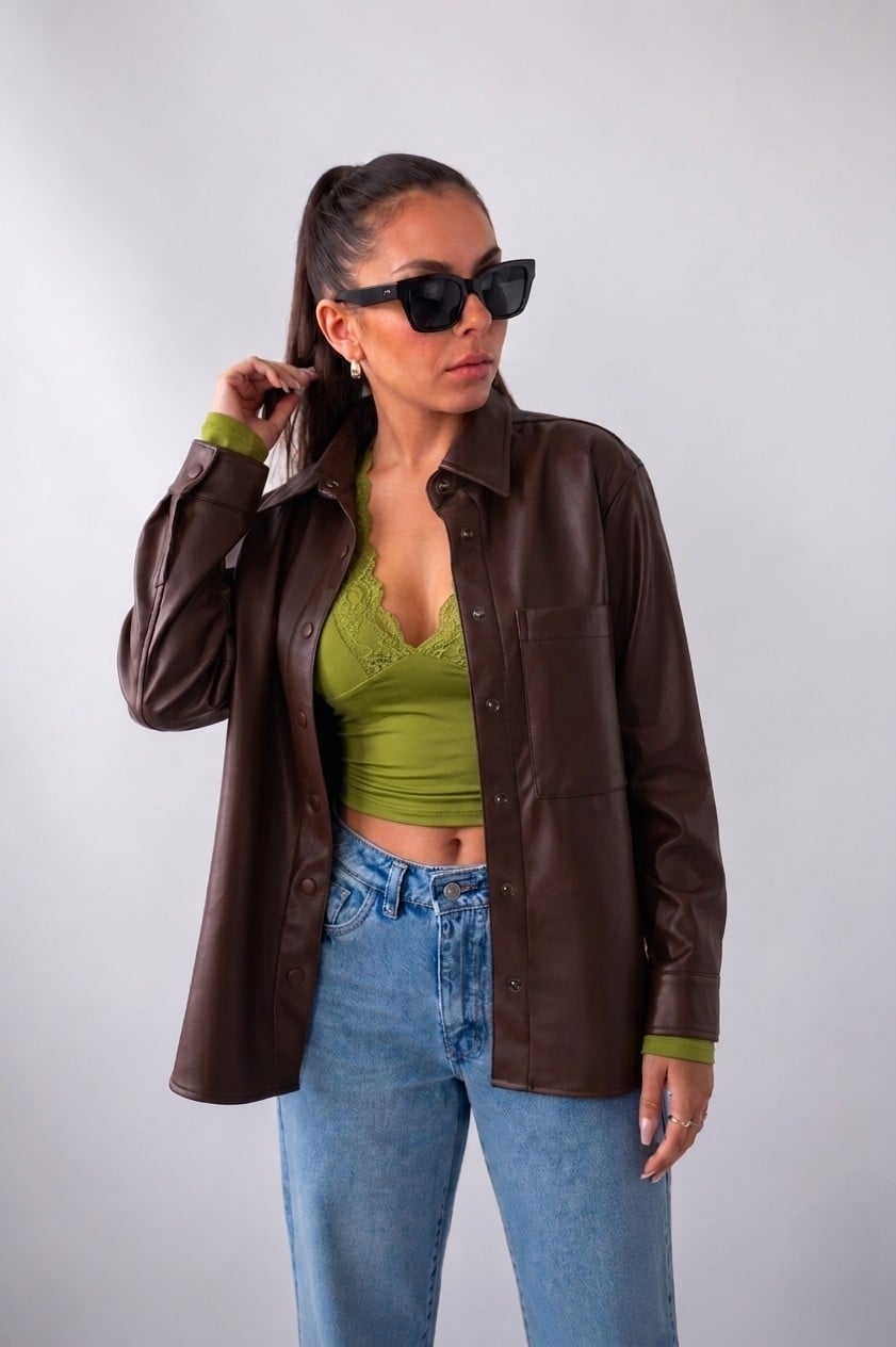 CAMISA JACKET MARRON EN TENDENCIA OVERSIZE DE MUJER - 1