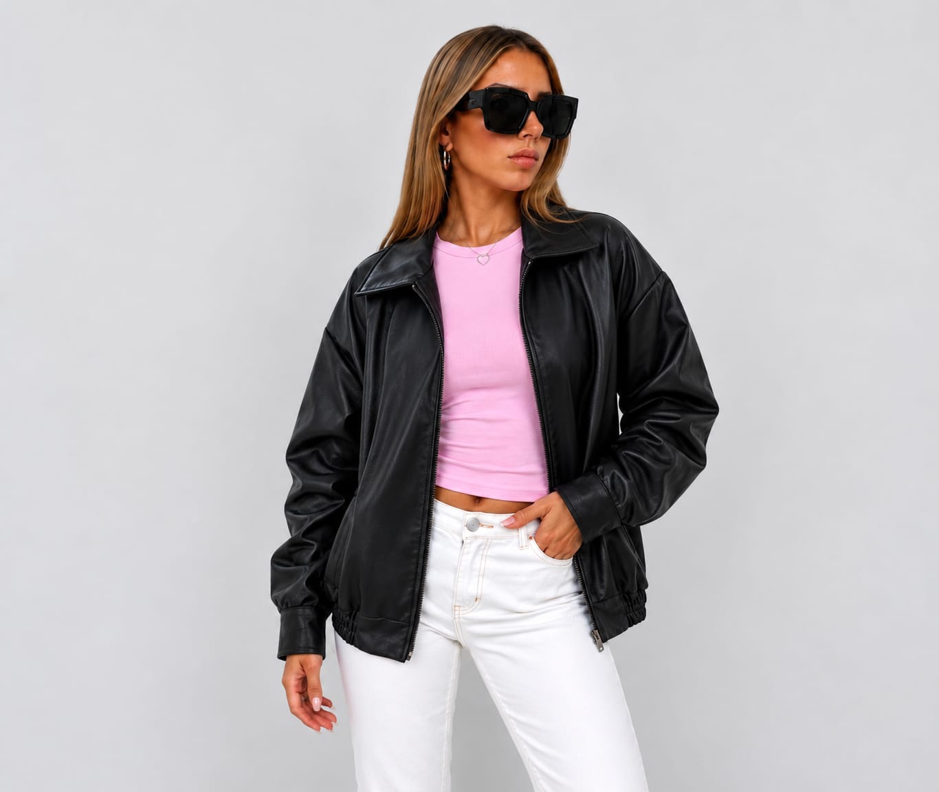 CASACA BOMBER OVERSIZE LOOK CASUAL NEGRA PARA MUJER - 1