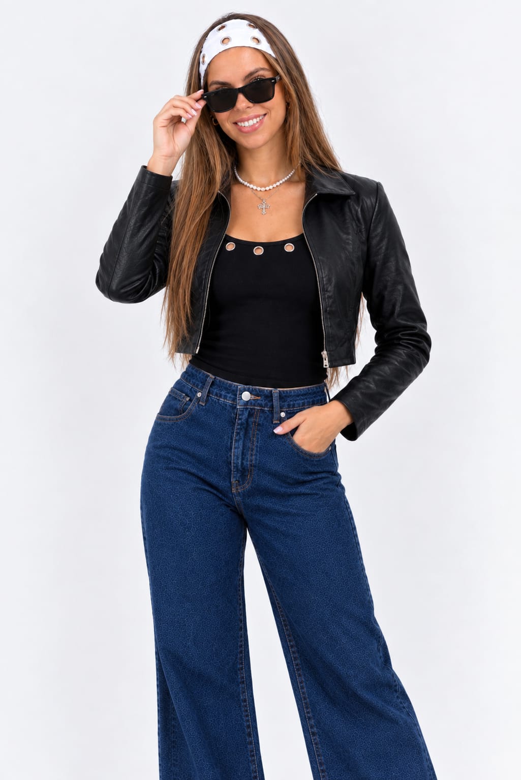 CASACA CUERINA CROP CUELLO CAMISERO PARA MUJER - 1