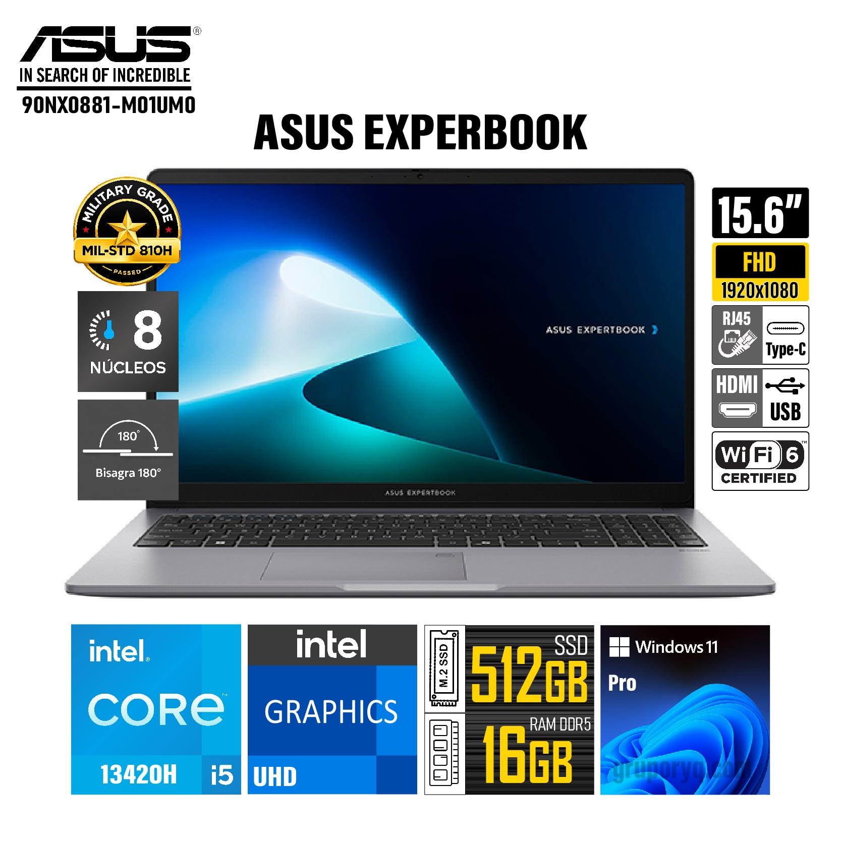 LAPTOP ASUS EXPERBOOK P1503CVA-S71655, PANTALLA 15.6' FHD INTEL CORE I5-13TH, RAM 16GB DDR5 (EXP.32GB) SSD 512GB - 1