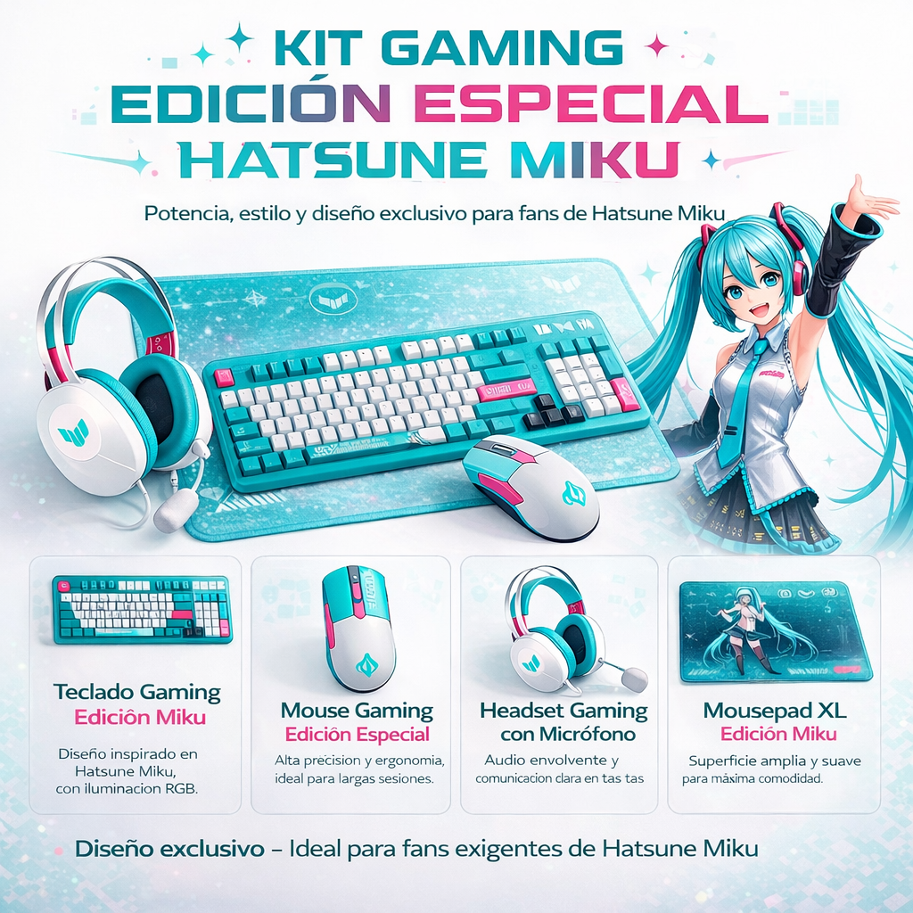 KIT GAMING ASUS TUF HATSUNE MIKU TECLADO MECÁNICO RGB, MOUSE, AUDÍFONOS, MOUSEPAD, EDICIÓN ESPECIA - 1